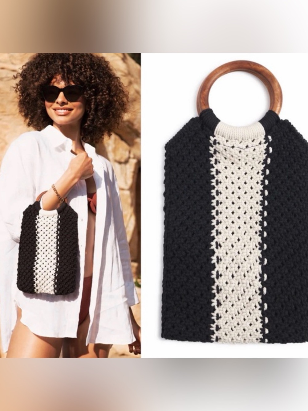 Curator x Laude the Label Crochet Wristlet Clutch with Wooden Handle New.